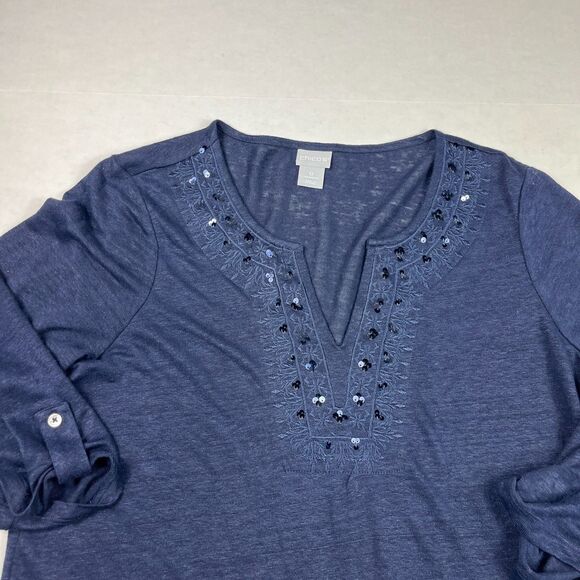 Chicos Linen Knit Tunic Top Navy Blue 3/4 Sleeve Embroidered Sequin Boho 0 SMALL - Picture 3 of 11